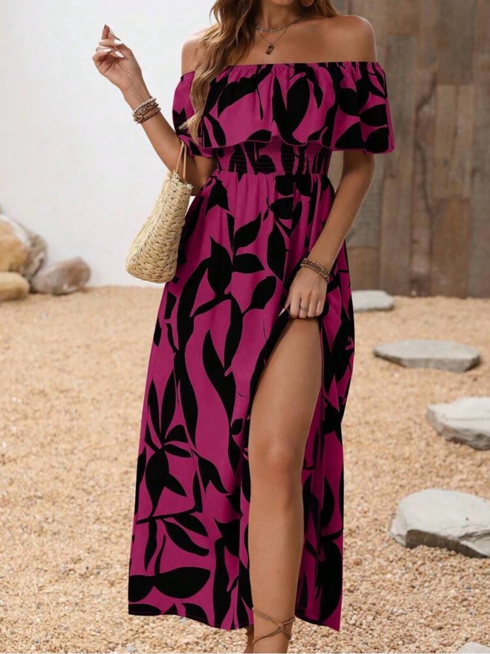 Pink & Black Tropical Print Off Shoulder Maxi Dress – Size Medium